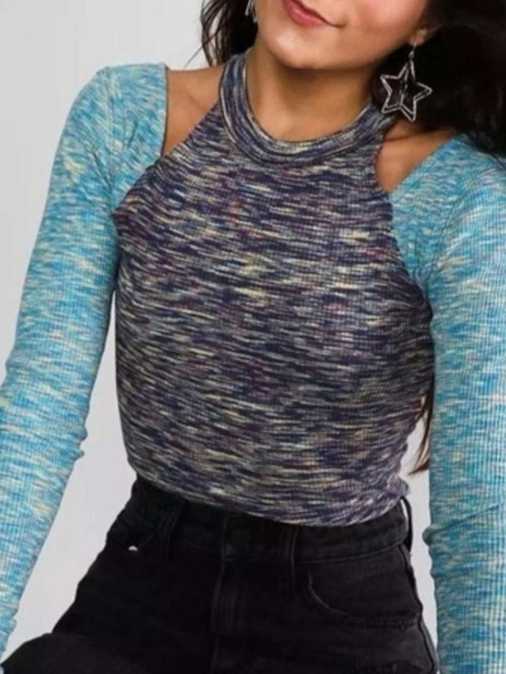 Free People Multicolor Ribbed Halter with Aqua Blue Raglan Sleeves